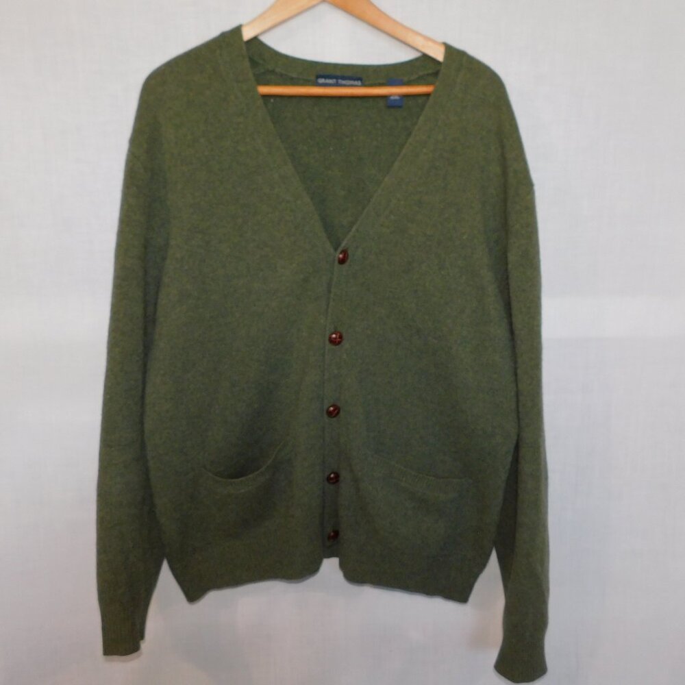 Grant Thomas Mens XL Green V neck 100% Wool Cardigan Grandpa Sweater - Picture 12 of 12